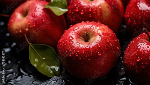 whole red apples with splashes and water drops on dark background
