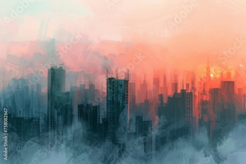 Hand-drawn pastel digital watercolour paint sketch Emerging skyscraper silhouette against a radiant sunset sky punctuates the dynamic cityscape in mid-construction flurry 