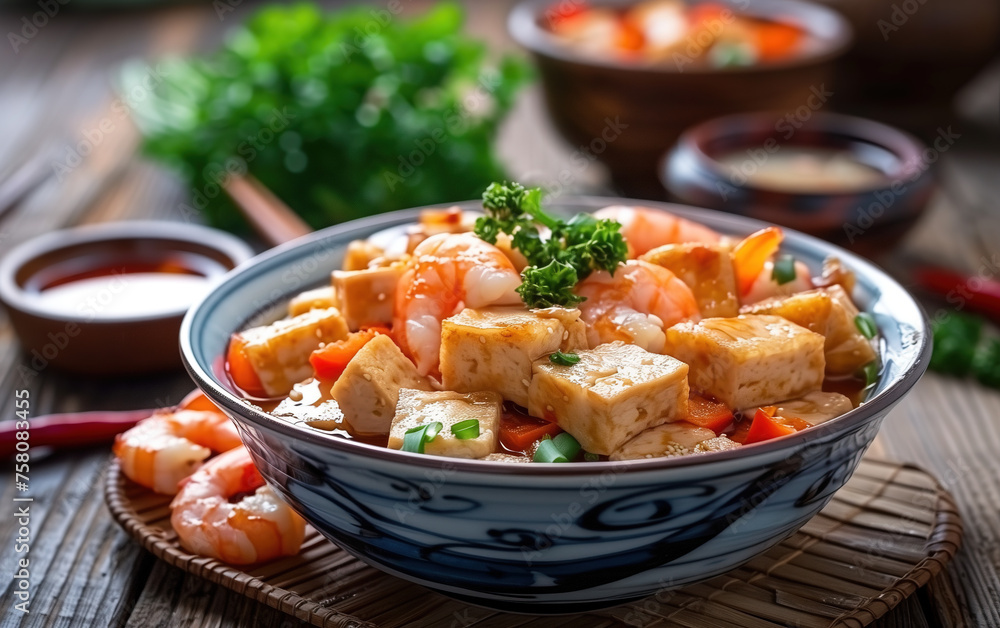 Gourmet tofu pot with shrimps,created with Generative AI tecnology. Gourmet tofu pot with shrimps,created with Generative AI tecnology.