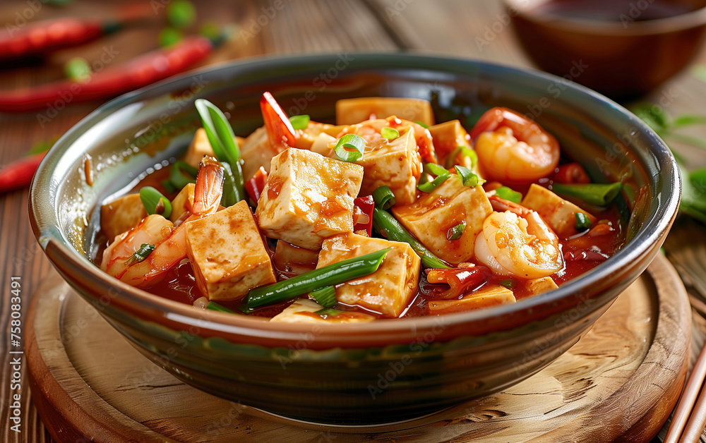 Gourmet tofu pot with shrimps,created with Generative AI tecnology. Gourmet tofu pot with shrimps,created with Generative AI tecnology.