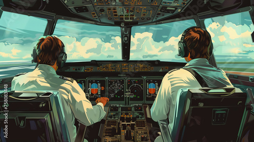 Illustration of two pilots operating the cockpit controls in a commercial airplane during a daytime flight, with a clear sky ahead photo