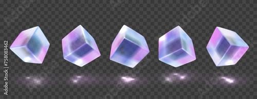 Holographic 3D crystal glass cubes isolated on transparent black background. Vector realistic transparent glass crystal blocks pieces with iridescent surface, with overlay dispersion light.