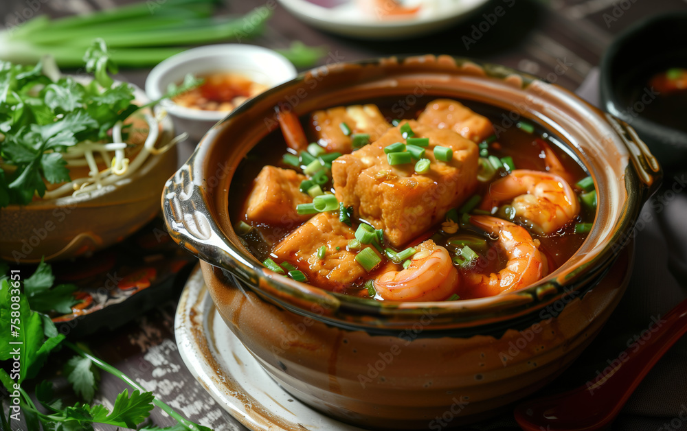 Gourmet tofu pot with shrimps,created with Generative AI tecnology. Gourmet tofu pot with shrimps,created with Generative AI tecnology.