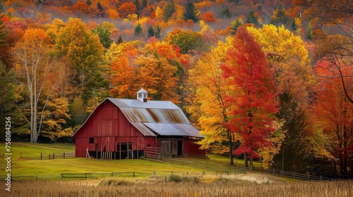 Autumnal splendor: rustic barn nestled among vermont countryside's vibrant foliage © Ashi