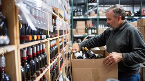 a man organizing wine bottles into boxes ready to be shipped from his small simple warehouse, 