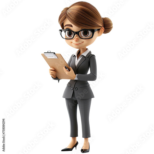 3D Cute cartoon businesswoman character. Cartoon businesswoman with clipboard on transparent background. 