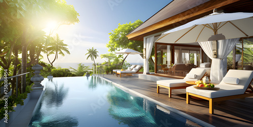 Beautiful View Swimming Pool Sea Sunlight ,A beautiful luxury beach front villa with an outdoor pool sunset © kin