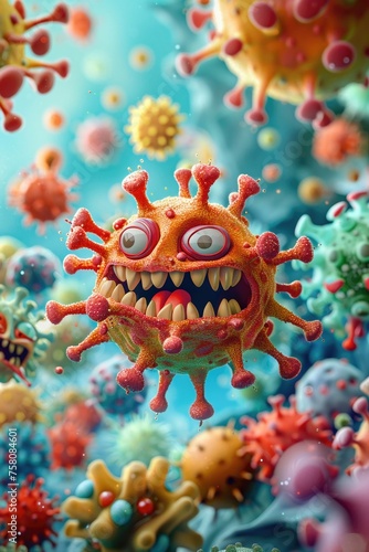 A 3D cartoon virus meets its match against cartoon antibodies illustrating medical researchs triumphs in a whimsical