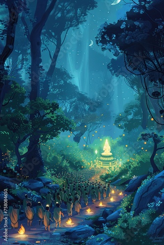 A joyous cartoon procession winds through a mystical forest led by a glowing Shiva lingam photo