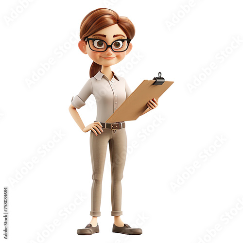 3D Cute cartoon businesswoman character. Cartoon businesswoman with clipboard on transparent background. 