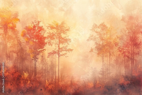 Misty morning light in the forest watercolor