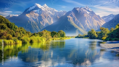 Lush new zealand landscape: majestic mountains and serene river scene