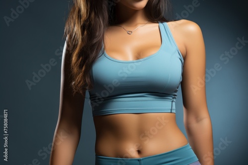 Cropped image of a toned female torso in a sports bra and leggings highlighting the active wearing fashion on a blue background.