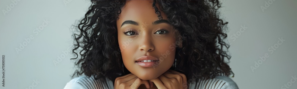 Beautiful black woman with curly hair, happy and smiling while touching her face against a white background. She is wearing . Young, trendy model posing for a beauty concept Beautiful black woman with curly hair, happy and smiling while touching her face against a white background. She is wearing . Young, trendy model posing for a beauty concept