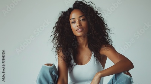 Beautiful black woman with curly hair, happy and smiling while touching her face against a white background. She is wearing . Young, trendy model posing for a beauty concept