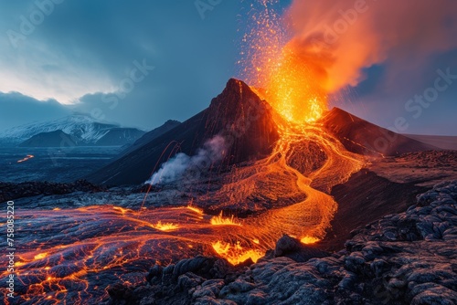 An active volcano dramatically erupts, spewing molten lava and ash under a twilight sky, casting a fiery glow over the surrounding mountains.