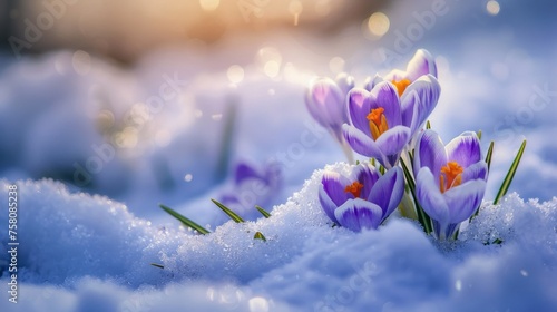  Crocus flowers blossom through snow: a celebration of renewal and new beginnings in winter landscape