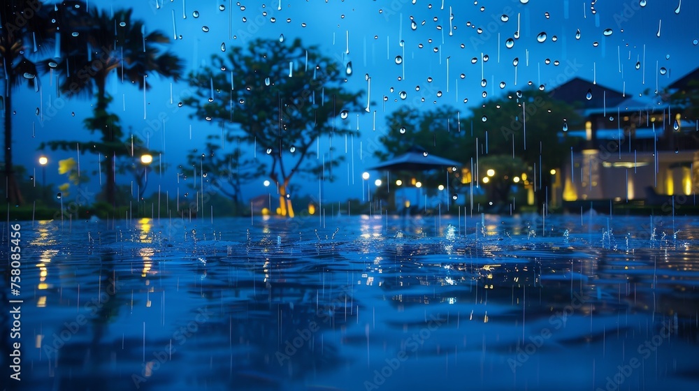Night rain and water drop on window background