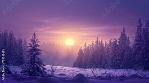 Winter wonderland: majestic forest and sunrise scenery in purple hues