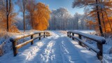 Snow-covered bridge over a frozen river in the rays of sunset. Winter background, nature wallpaper.