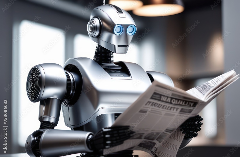 Silver robot reading a newspaper