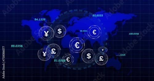 Animation of currency symbols with data processing over world map on black background photo