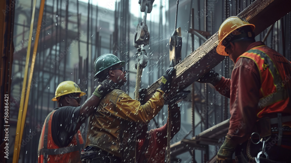 Construction workers in safety gear are lifting a heavy wooden board amid rain at a construction site