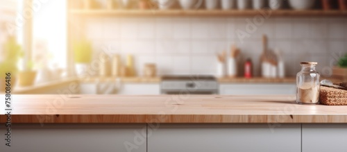 Blurred interior of kitchen room with product display template.