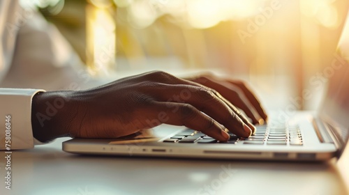 Close-up of the black man hands typing on the laptop. 