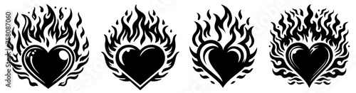 heart in flames, burning heart shape, black vector graphic