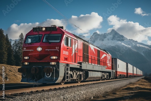 Red modern freight train transports containers in snowy mountains, shipping and logistics concept