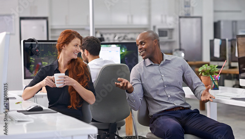 Woman, man and talking with coffee at office in morning with smile for ideas, teamwork and questions. Business people, happy and discussion for collaboration with diversity in corporate workplace