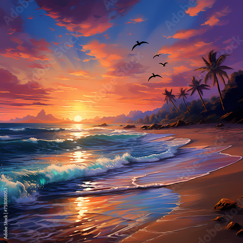 A serene beach at sunset with vibrant colors.