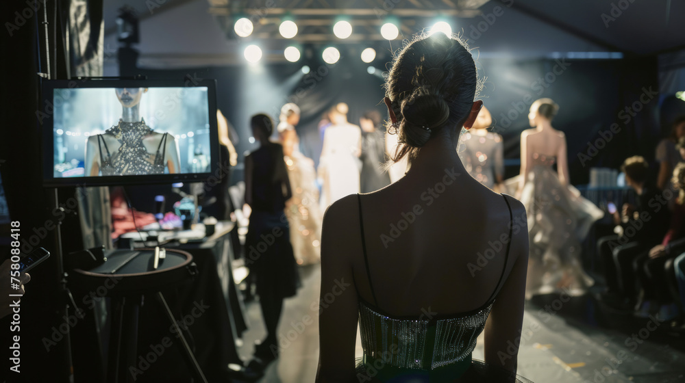 While a model stands backstage, others prepare for their turn on the catwalk, capturing the anticipation and preparation in the fashion industry