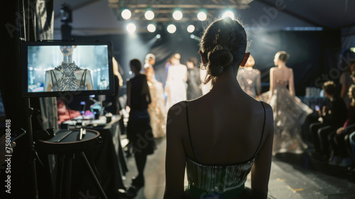 While a model stands backstage, others prepare for their turn on the catwalk, capturing the anticipation and preparation in the fashion industry photo