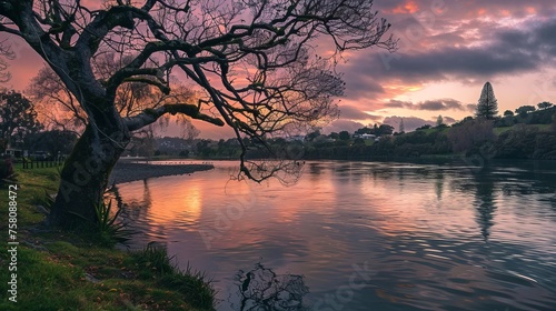 Dreamy dusk scenery: waikato river, hamilton, new zealand - scenic beauty of new zealand's waikato river at twilight photo