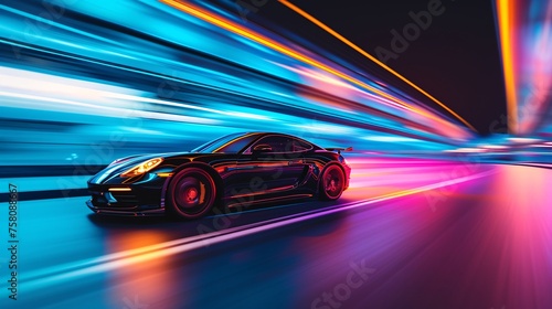 a black sports car driving on a road with colorful lights © Alexei