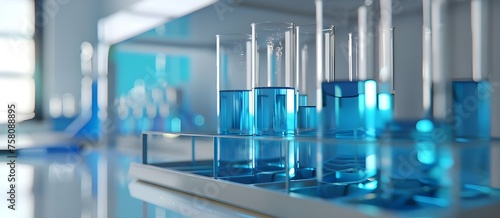 Flask filled with blue liquid in chemical lab. Test tubes with liquid  closeup in laboratory.