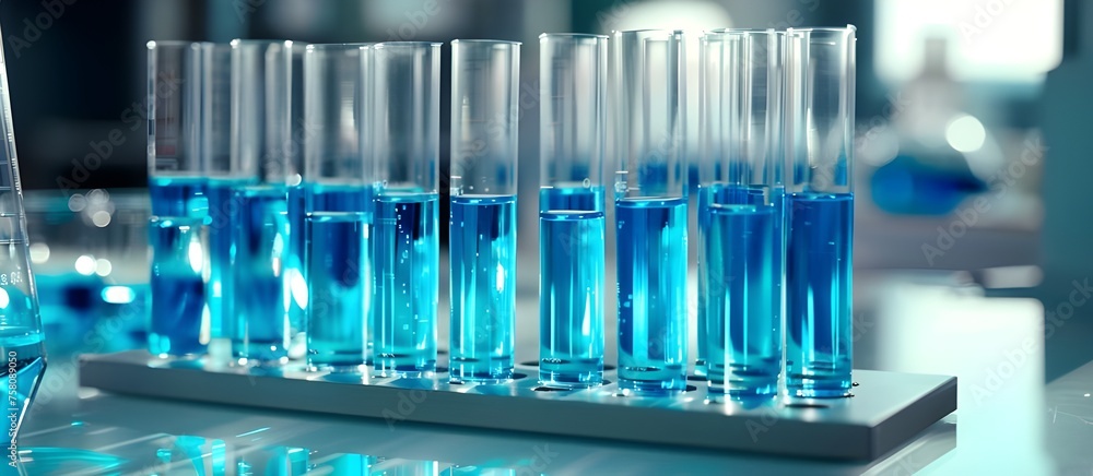 Test tube and laboratory glassware setting for science research, medical study, experiments for researching modern medical innovations, blue liquid. Test tube and laboratory glassware setting for science research, medical study, experiments for researching modern medical innovations, blue liquid.
