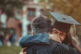 Emotional graduate hugging parents at college graduation