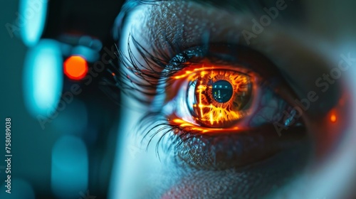 Laser vision correction. Close-up of a female eye with laser beam aimed at the pupil. Ophtalmology concept photo