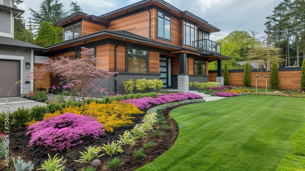 Charming house exterior surrounded by serene landscape, perfect for residential dreamscapes Charming house exterior surrounded by serene landscape, perfect for residential dreamscapes