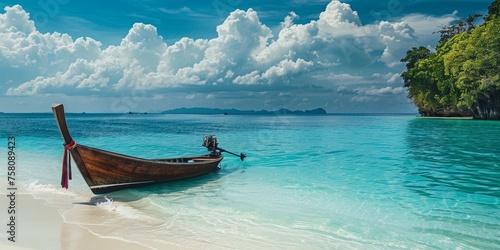A captivating image of a long boat resting on the tranquil waters of the Andaman Sea, set against the backdrop of a pristine tropical beach with soft white sands and lush vegetation.
