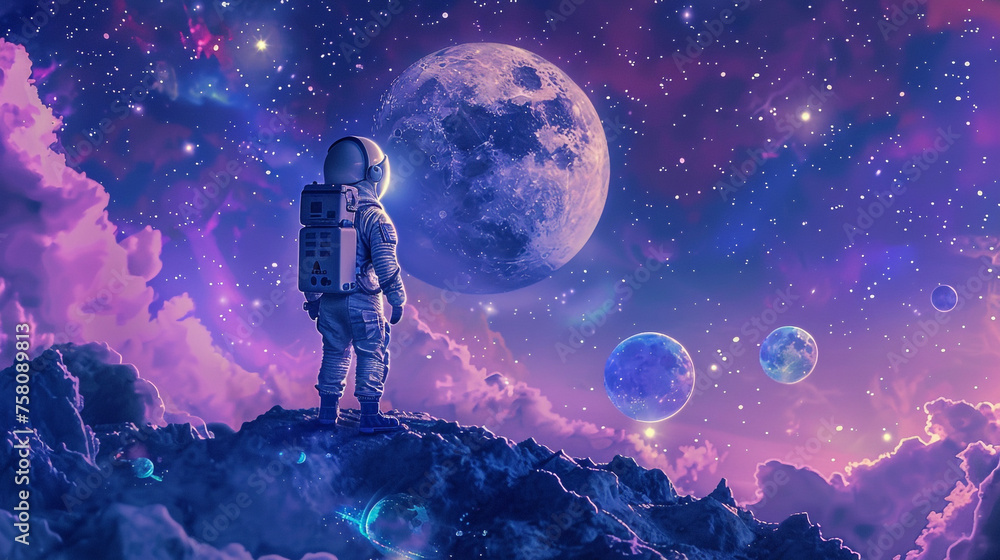 Naklejka premium An astronaut is alone and standing confused in an alien and fantasy space.