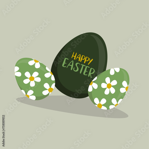  Flat Design Happy Easter Illustration with Eggs at Daisy  Pattern and Decorations
