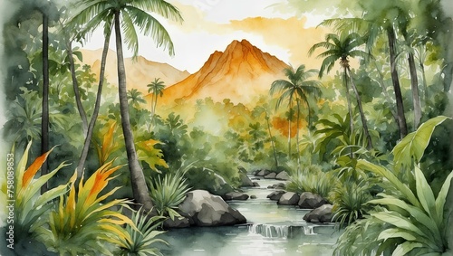 Watercolor background of a tropical jungle mountain landscape 