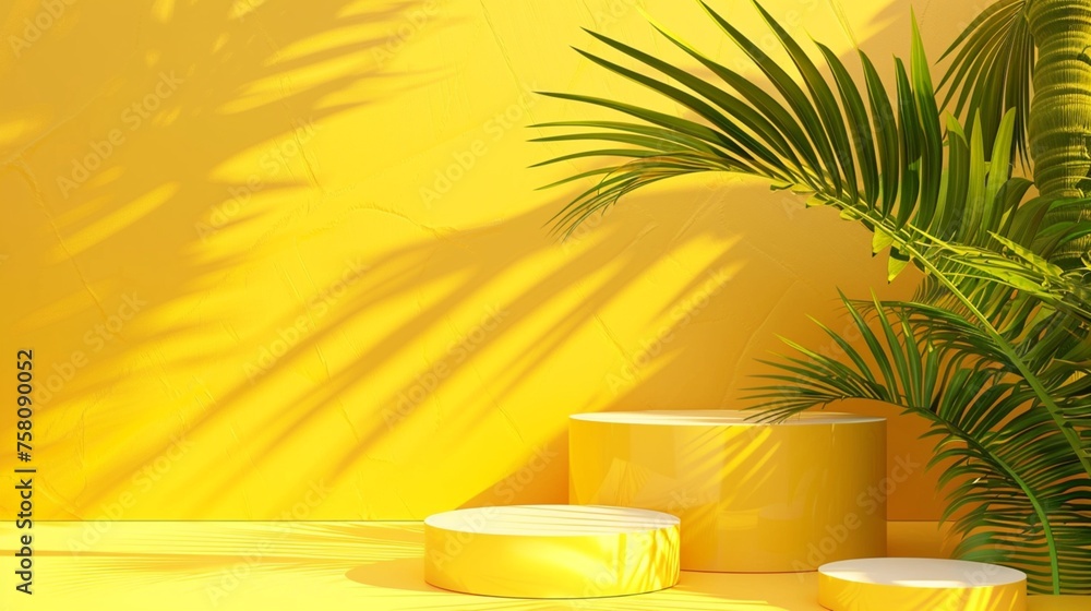 Obraz premium Yellow tropical podium mockup with palm leaves. Background for cosmetics presentation, event, and exhibition. 3d display product abstract minimal scene. Banner. Round stands, ummer nature and beauty. 