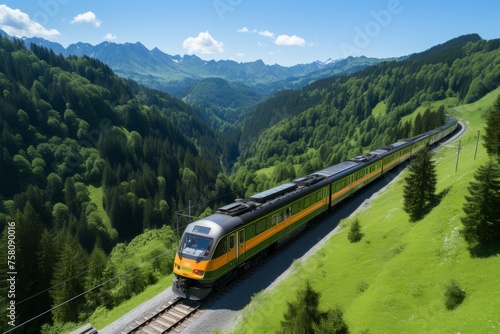 Green high-speed passenger train in summer mountains, aerial view, travel concept