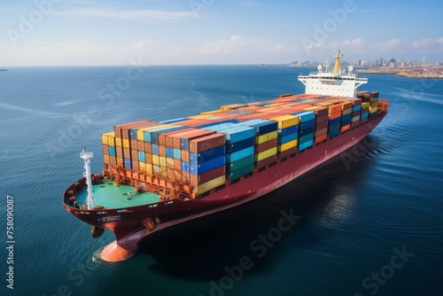 Aerial view of huge transport ship with colorful containers on board sailing in the vast ocean