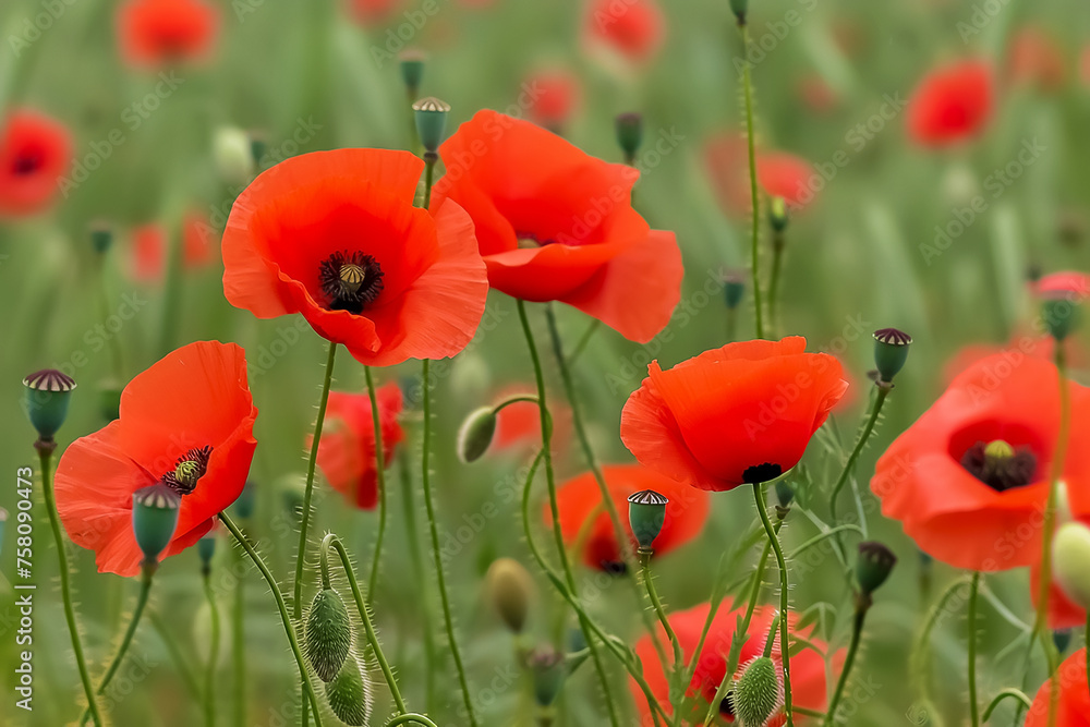 Obraz premium Vibrant red poppies and seed heads in a field